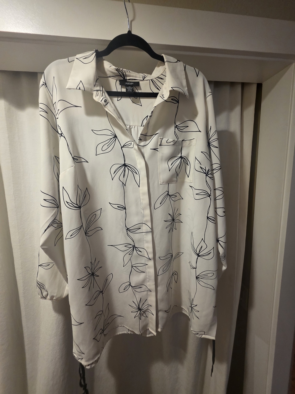 Alfani White Button-Up Shirt Dress with Black Floral Line Print